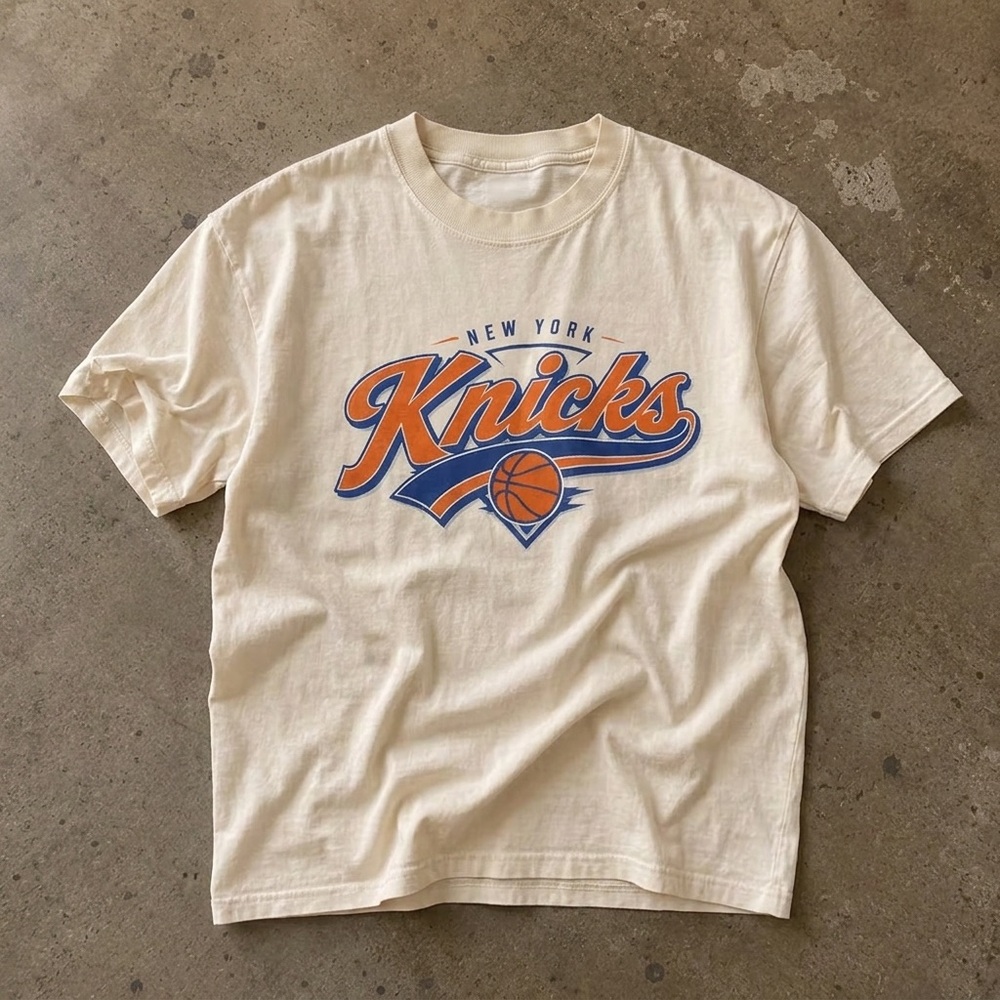Gildan Cream New York Knicks Graphic Tee with Orange and Blue Logo